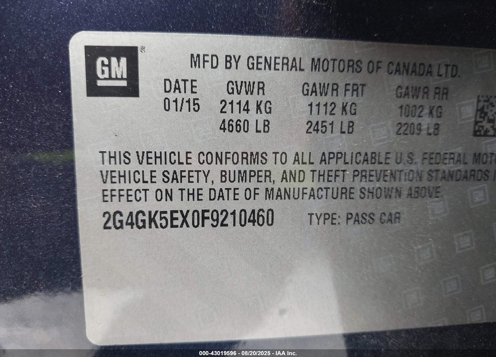 2015 BUICK REGAL VIN: 2G4GK5EX0F9210460