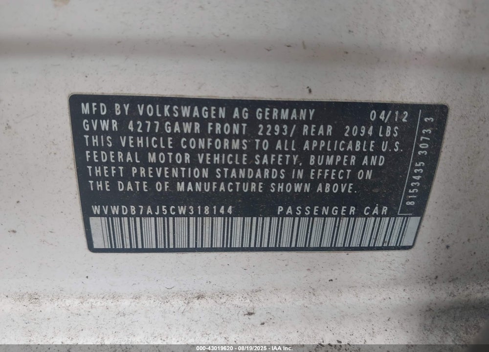 2012 VOLKSWAGEN GOLF VIN: WVWDB7AJ5CW318144