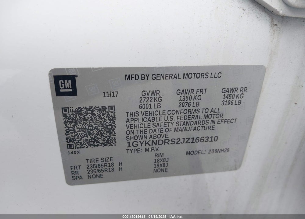 2018 CADILLAC XT5 LUXURY VIN: 1GYKNDRS2JZ166310