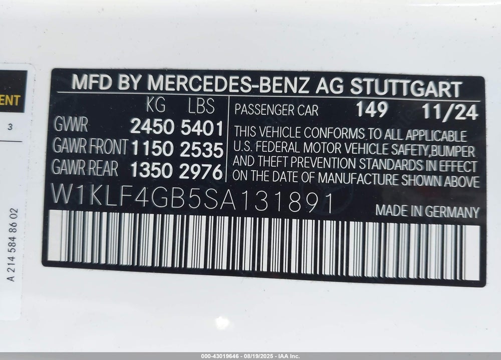 2025 MERCEDES-BENZ E-CLASS VIN: W1KLF4GB5SA131891