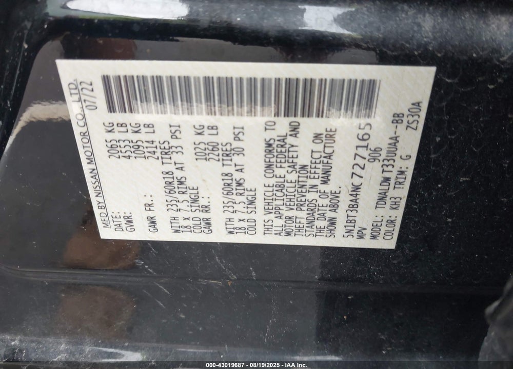 2022 NISSAN ROGUE VIN: 5N1BT3BA4NC727165
