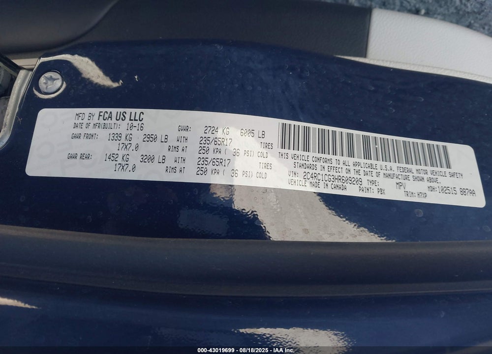 2017 CHRYSLER PACIFICA LX VIN: 2C4RC1CG3HR609209