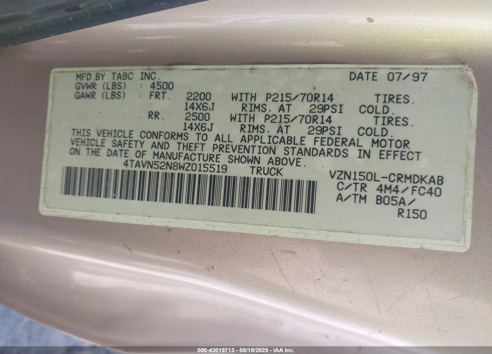 1998 TOYOTA TACOMA BASE V6 VIN: 4TAVN52N8WZ015519