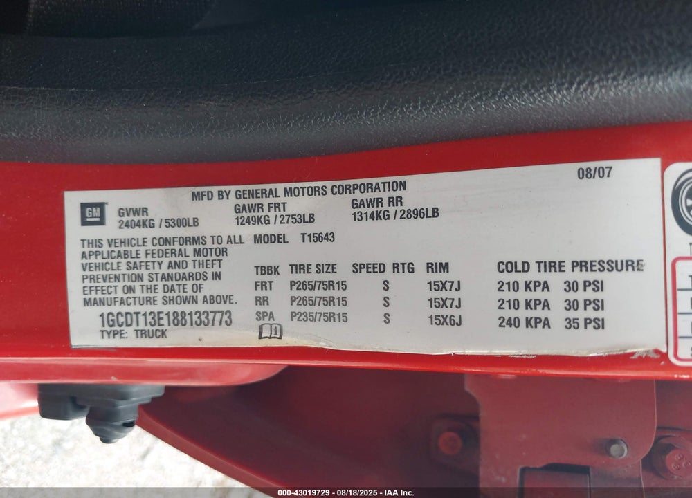 2008 CHEVROLET COLORADO LT VIN: 1GCDT13E188133773