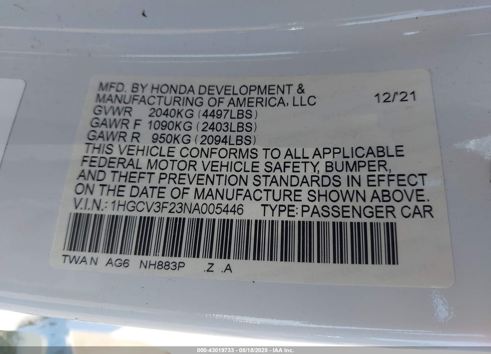 2022 HONDA ACCORD HYBRID SPORT VIN: 1HGCV3F23NA005446
