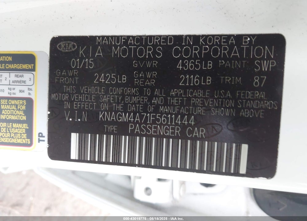2015 KIA OPTIMA VIN: KNAGM4A71F5611444