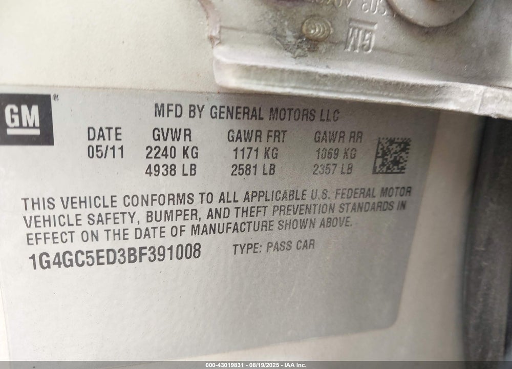 2011 BUICK LACROSSE VIN: 1G4GC5ED3BF391008