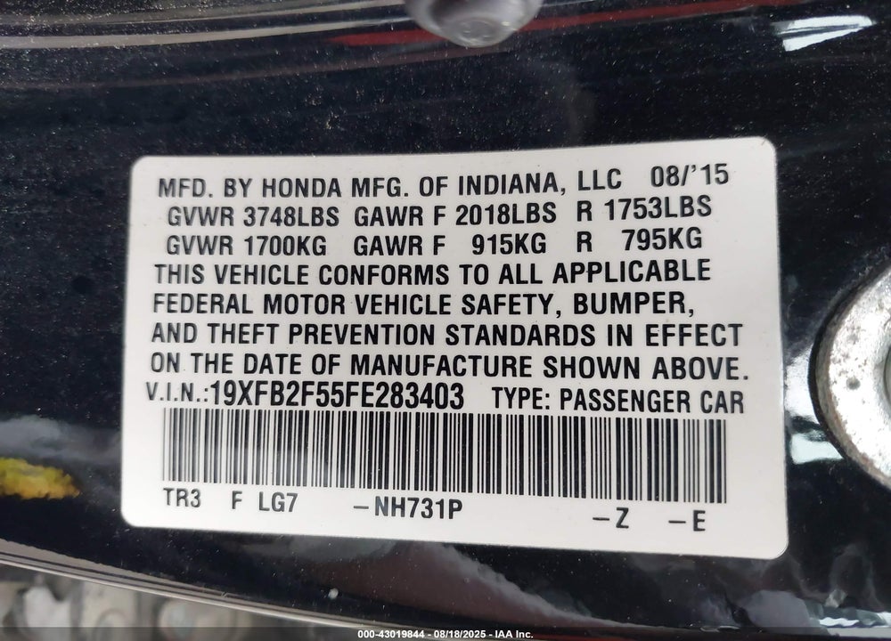 2015 HONDA CIVIC LX VIN: 19XFB2F55FE283403