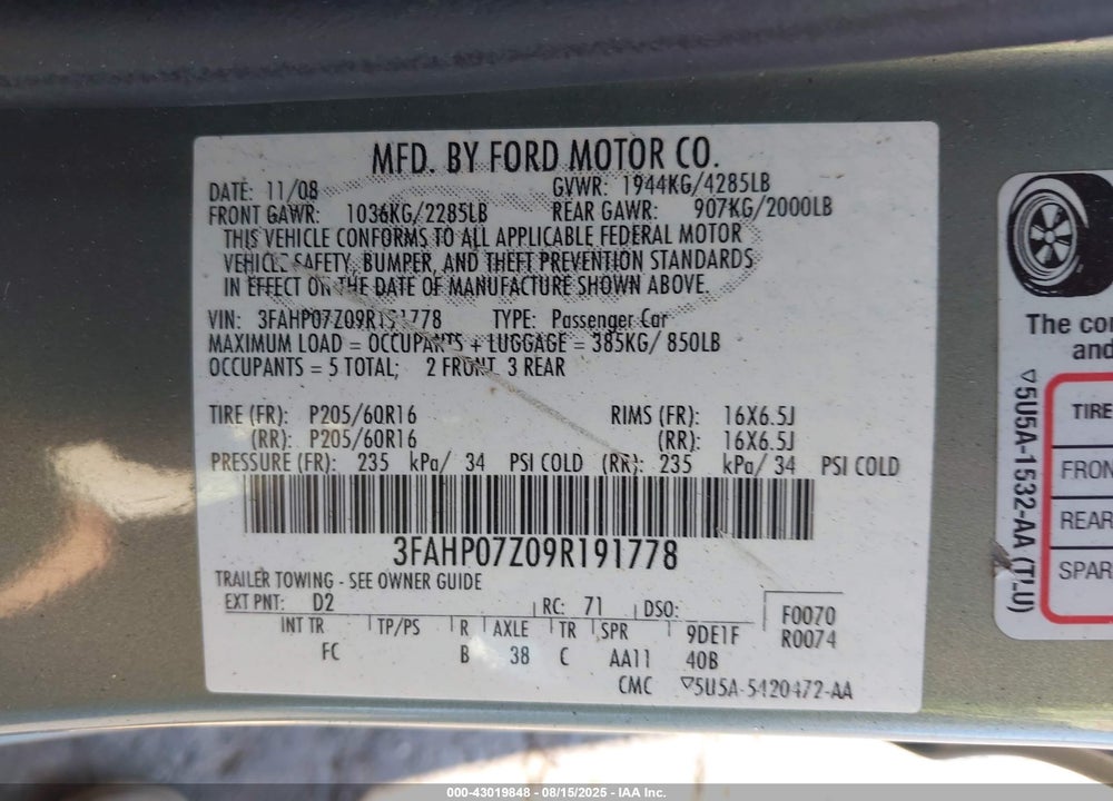 2009 FORD FUSION VIN: 3FAHP07Z09R191778