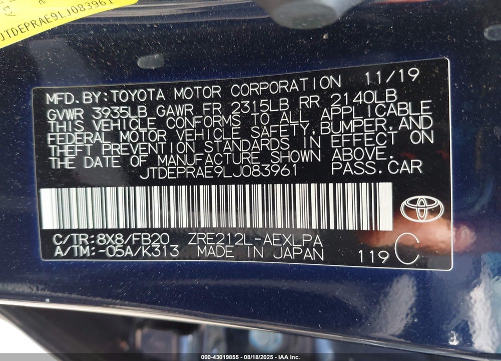 2020 TOYOTA COROLLA VIN: JTDEPRAE9LJ083961