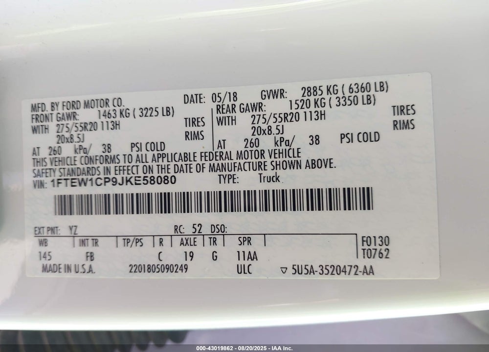 2018 FORD F-150 VIN: 1FTEW1CP9JKE58080