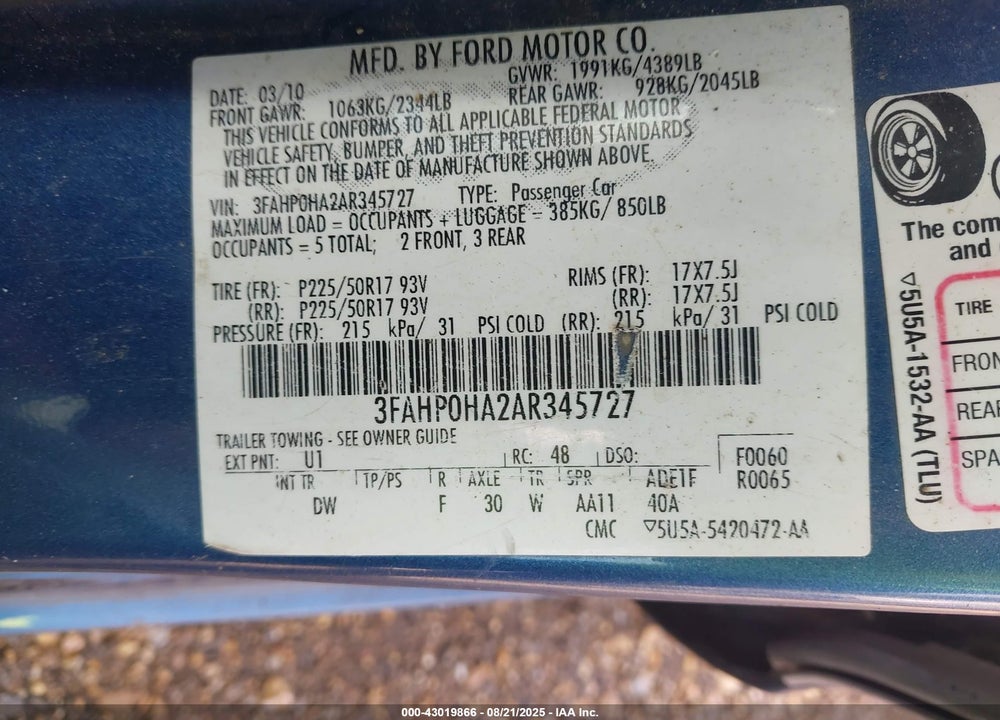 2010 FORD FUSION SE VIN: 3FAHP0HA2AR345727