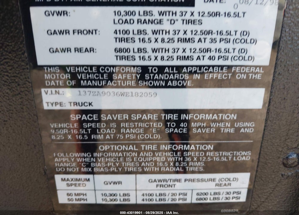 1998 AM GENERAL HUMMER OPEN TOP VIN: 137ZA9036WE182059
