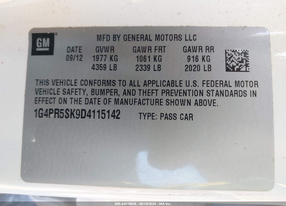 2013 BUICK VERANO CONVENIENCE GROUP VIN: 1G4PR5SK9D4115142