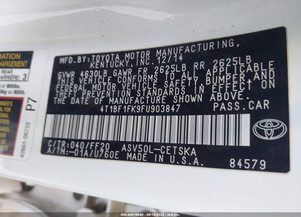 2015 TOYOTA CAMRY VIN: 4T1BF1FK9FU903847
