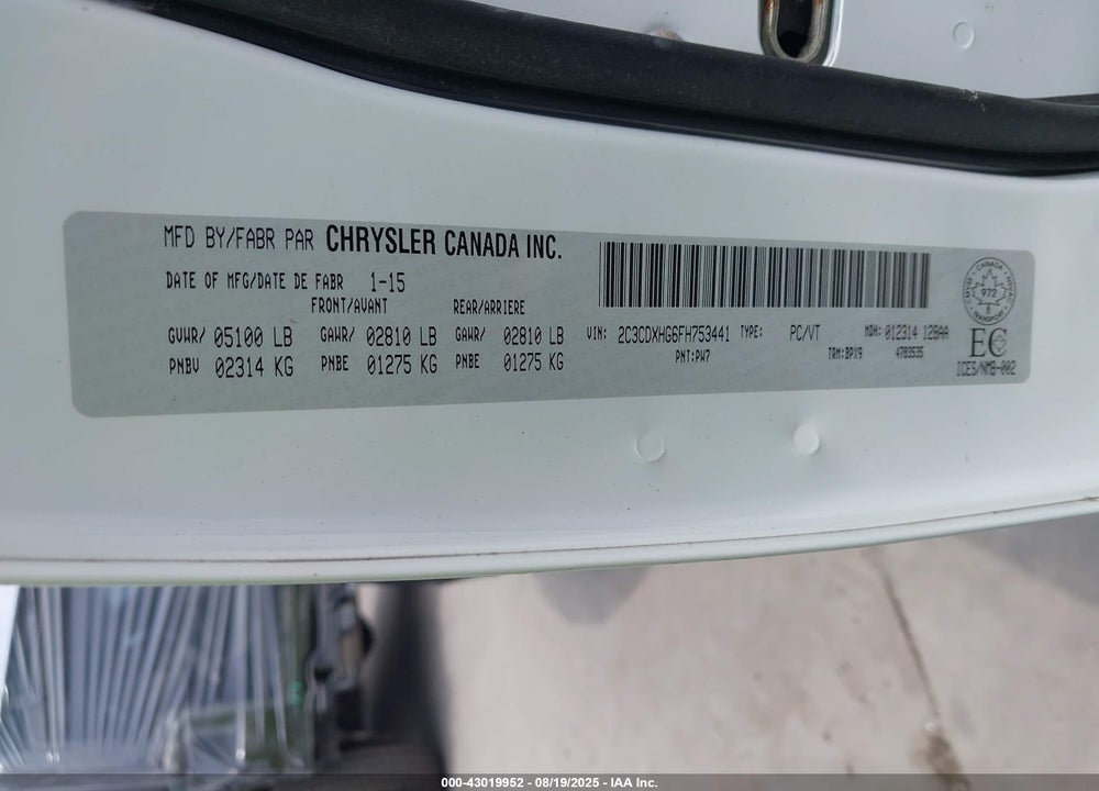 2015 DODGE CHARGER VIN: 2C3CDXHG6FH753441