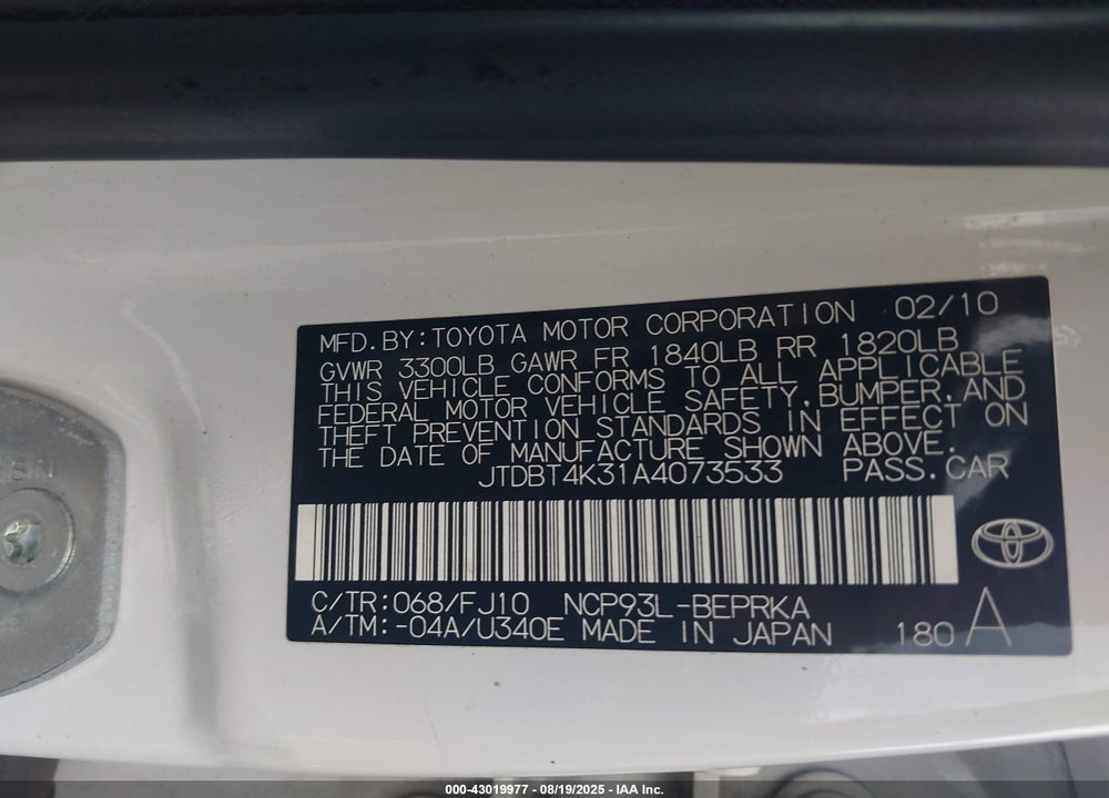 2010 TOYOTA YARIS VIN: JTDBT4K31A4073533