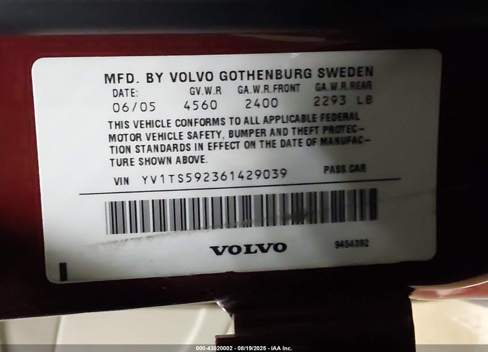 2006 VOLVO S80 2.5T VIN: YV1TS592361429039