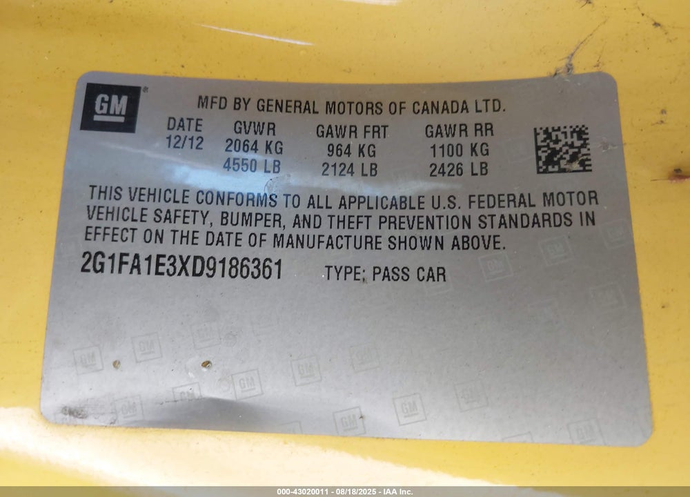 2013 CHEVROLET CAMARO 2LS VIN: 2G1FA1E3XD9186361