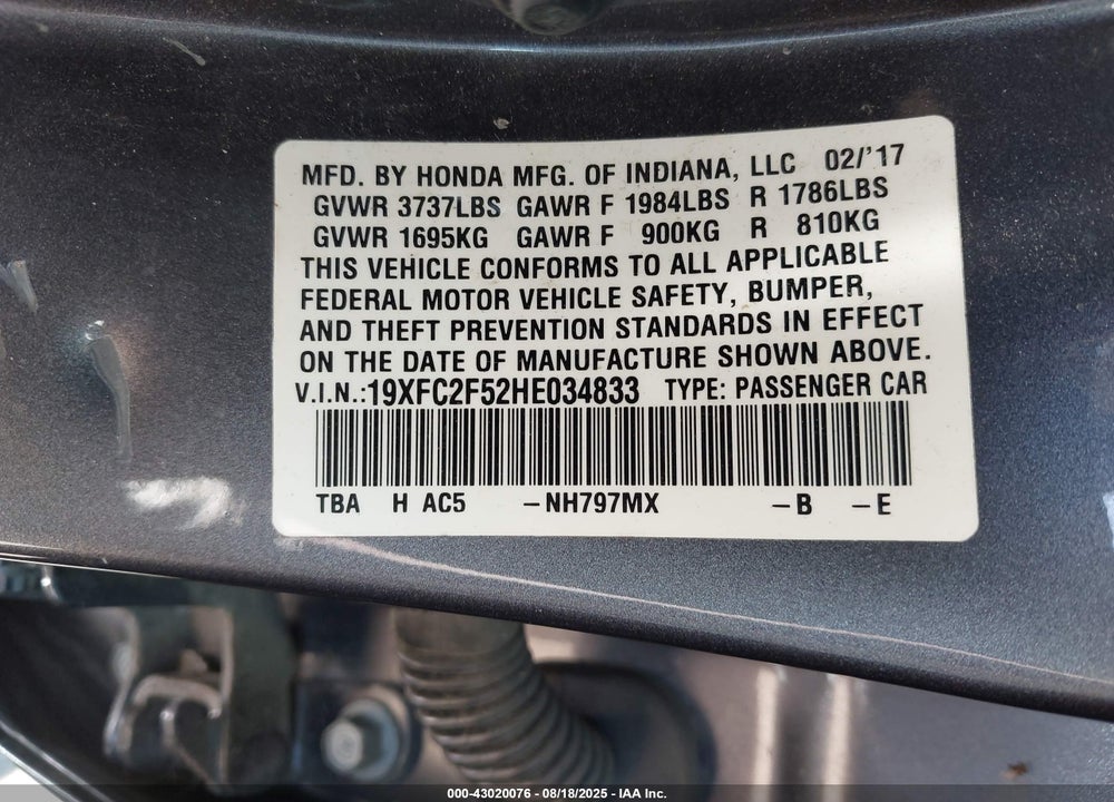 2017 HONDA CIVIC VIN: 19XFC2F52HE034833