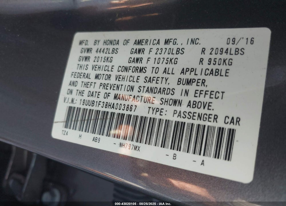 2017 ACURA TLX VIN: 19UUB1F38HA003867