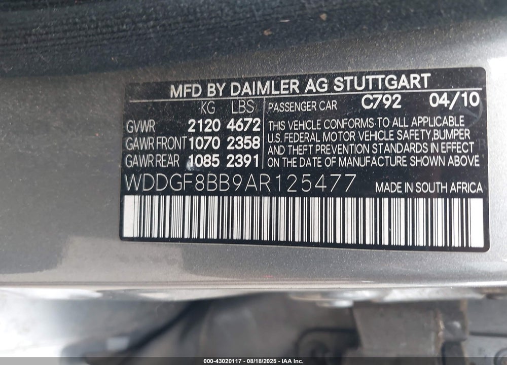 2010 MERCEDES-BENZ C CLASS VIN: WDDGF8BB9AR125477