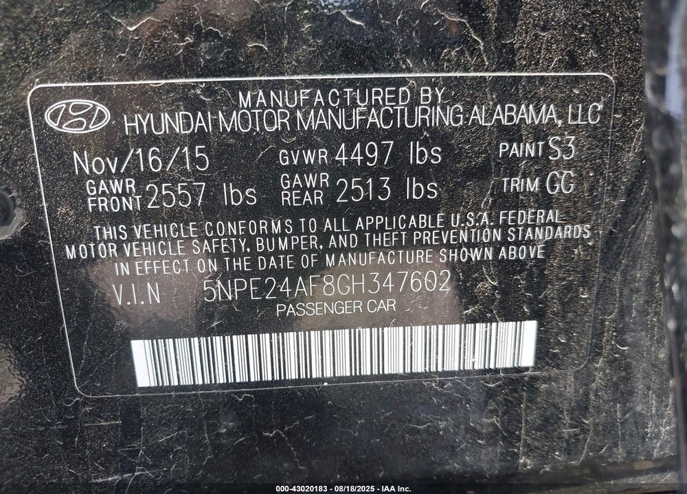 2016 HYUNDAI SONATA VIN: 5NPE24AF8GH347602