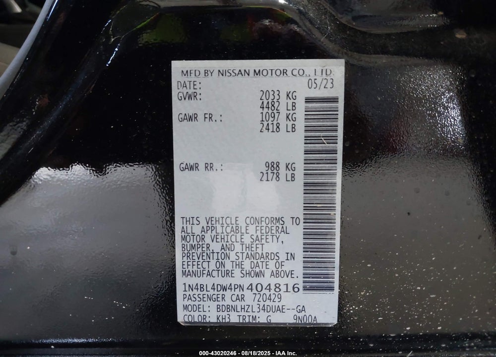 2023 NISSAN ALTIMA SV INTELLIGENT AWD VIN: 1N4BL4DW4PN404816