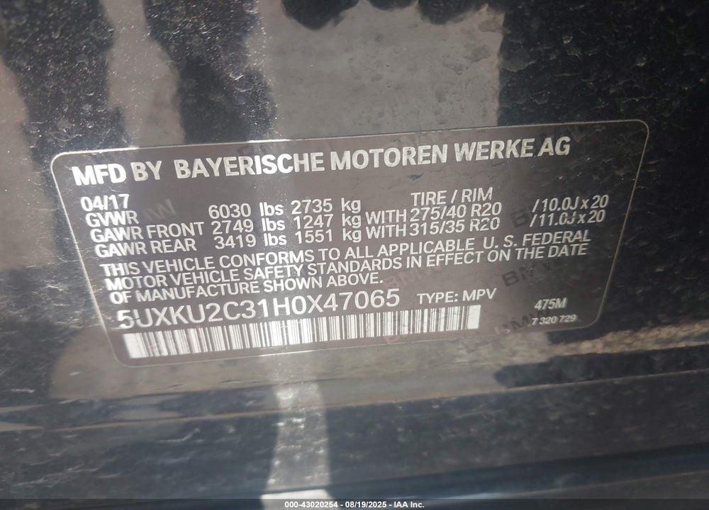 2017 BMW X6 VIN: 5UXKU2C31H0X47065