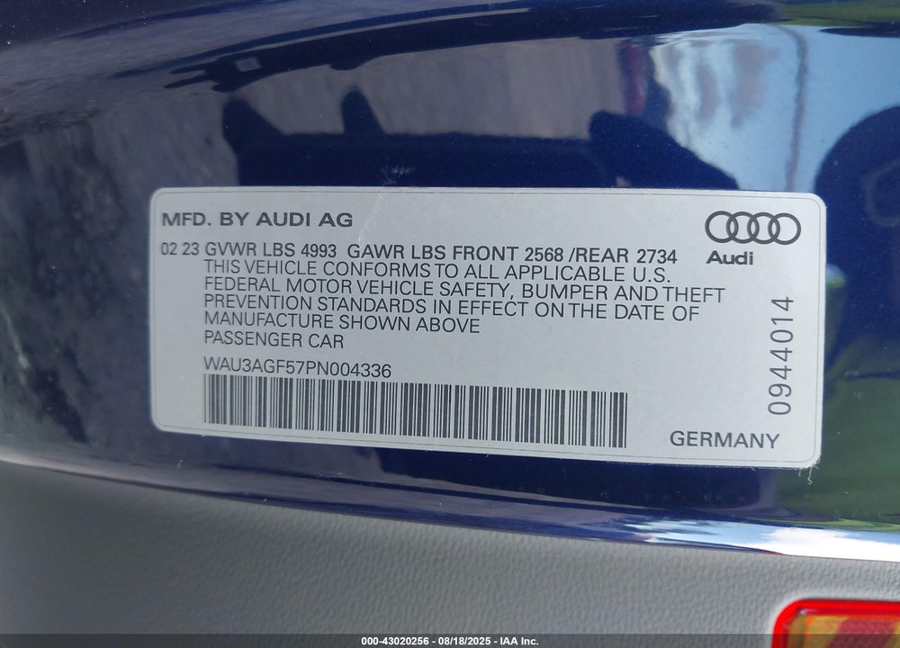 2023 AUDI A5 CABRIOLET PREMIUM 45 TFSI S LINE QUATTRO S TRONIC VIN: WAU3AGF57PN004336