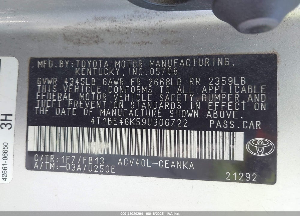 2009 TOYOTA CAMRY LE VIN: 4T1BE46K59U306722