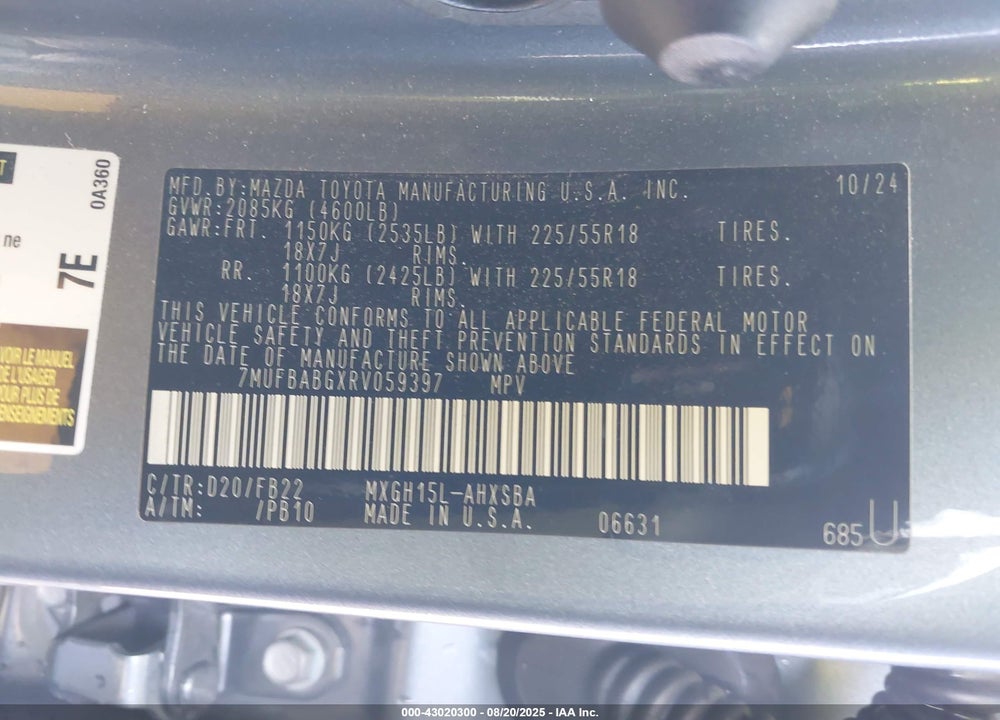 2024 TOYOTA COROLLA CROSS VIN: 7MUFBABGXRV059397