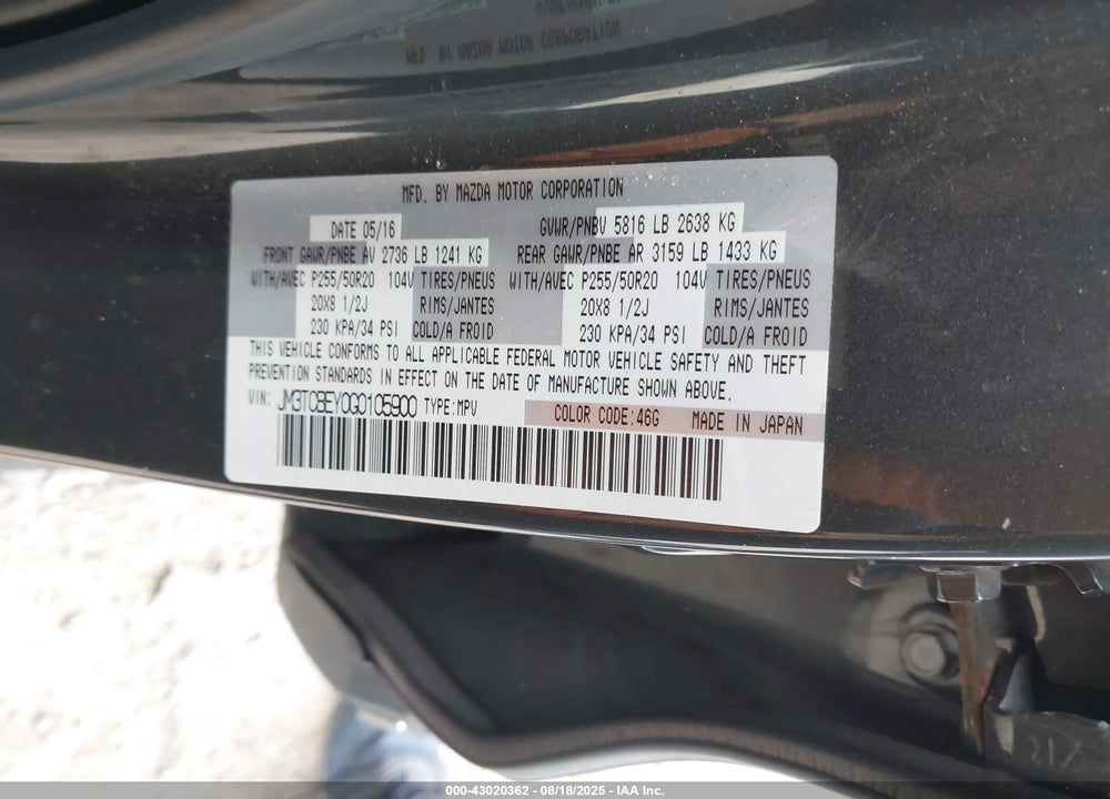 2016 MAZDA CX-9 VIN: JM3TCBEY0G0105900