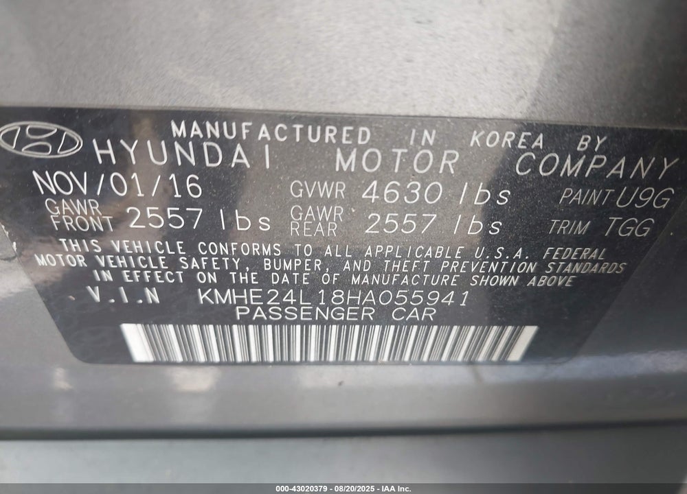 2017 HYUNDAI SONATA HYBRID SE VIN: KMHE24L18HA055941