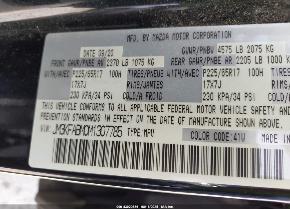 2021 MAZDA CX-5 VIN: JM3KFABM0M1307785
