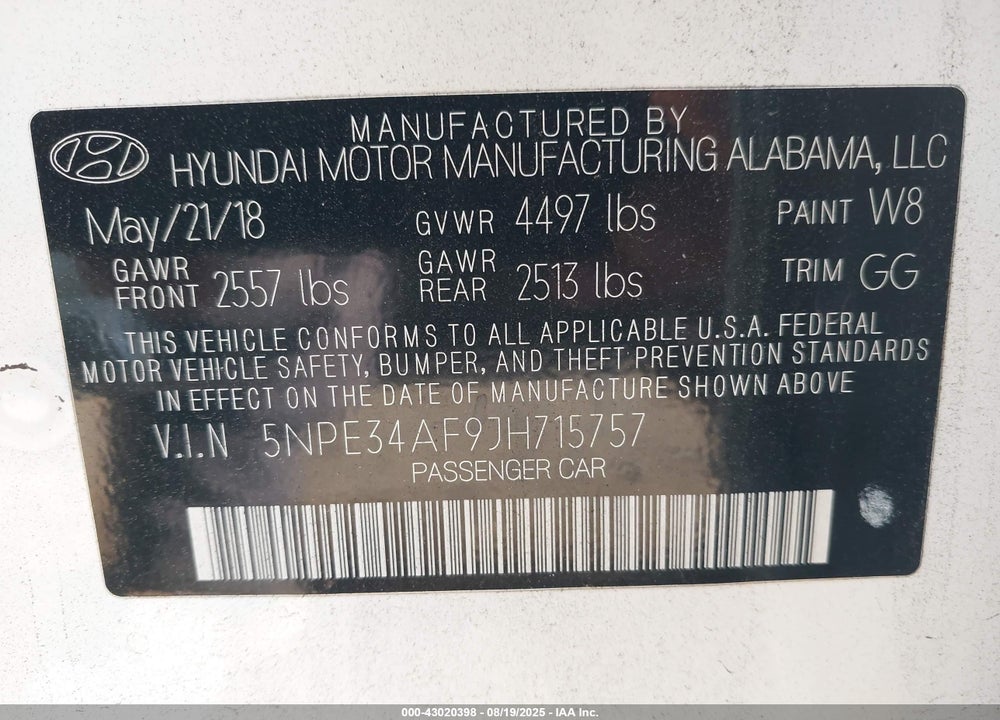 2018 HYUNDAI SONATA VIN: 5NPE34AF9JH715757