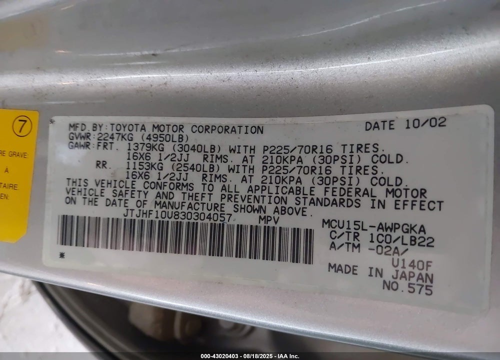 2003 LEXUS RX 300 VIN: JTJHF10U830304057