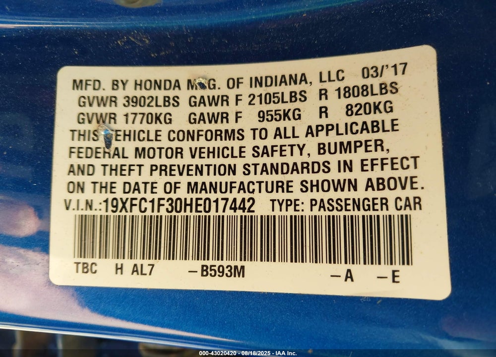 2017 HONDA CIVIC EX-T VIN: 19XFC1F30HE017442