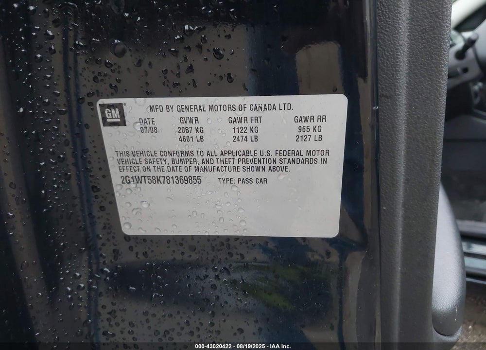 2008 CHEVROLET IMPALA LT VIN: 2G1WT58K781369855