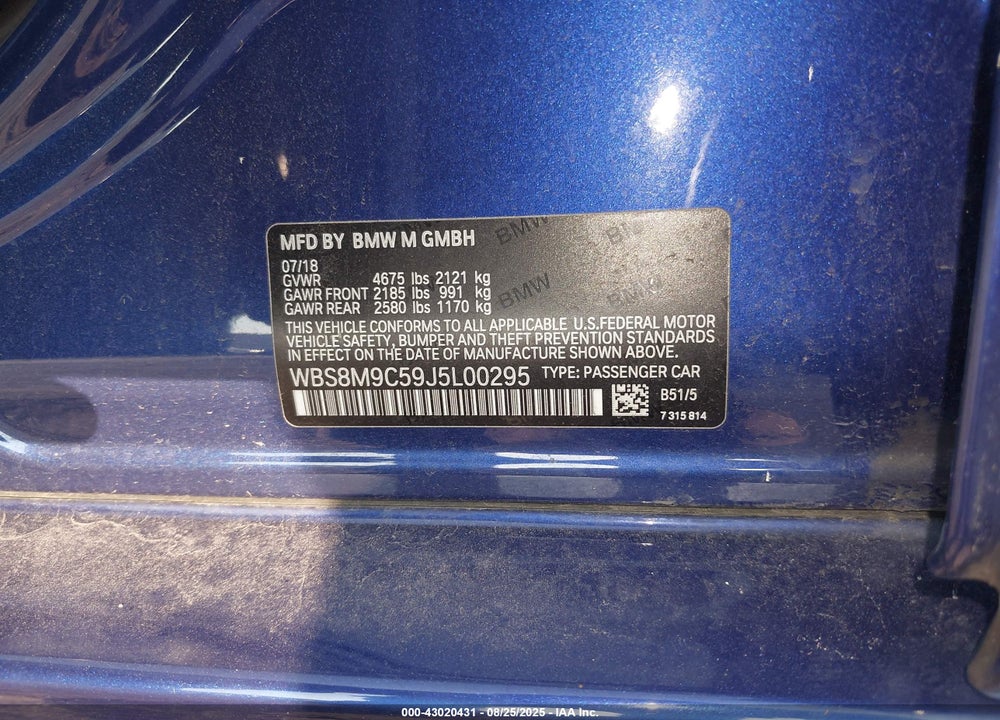 2018 BMW M3 VIN: WBS8M9C59J5L00295