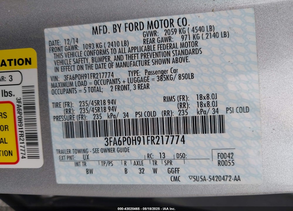 2015 FORD FUSION VIN: 3FA6P0H91FR217774