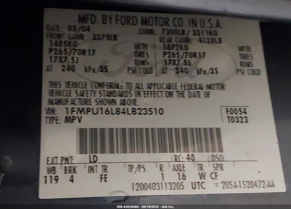 2004 FORD EXPEDITION NBX/XLT VIN: 1FMPU16L84LB23510