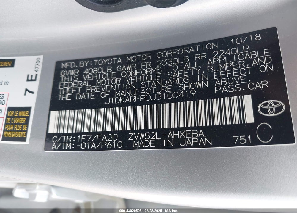 2018 TOYOTA PRIUS PRIME VIN: JTDKARFP0J3100419
