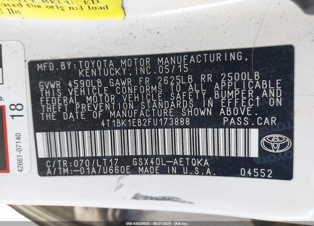 2015 TOYOTA AVALON VIN: 4T1BK1EB2FU173888