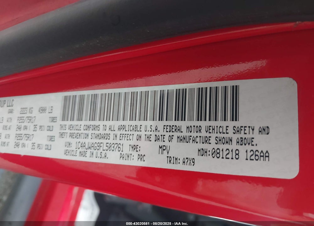 2015 JEEP WRANGLER / VIN: 1C4AJWAG9FL503761