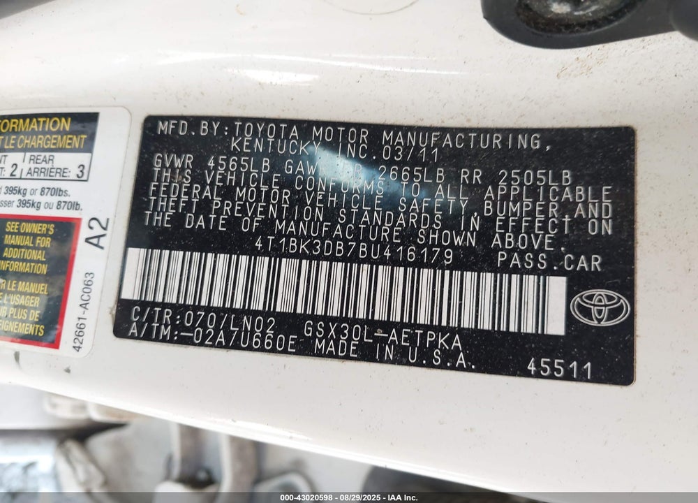 2011 TOYOTA AVALON LIMITED VIN: 4T1BK3DB7BU416179