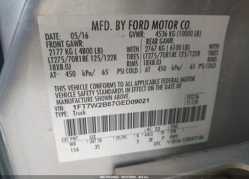 2016 FORD F-250 VIN: 1FT7W2B67GED09021