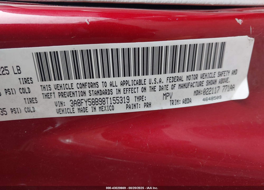 2008 CHRYSLER PT CRUISER TOURING VIN: 3A8FY58B98T155319