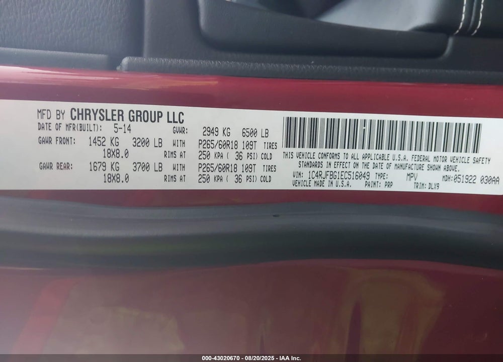 2014 JEEP GRAND CHEROKEE VIN: 1C4RJFBG1EC516049