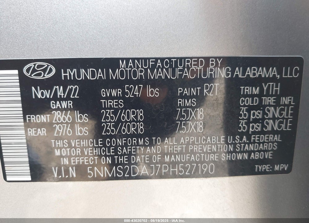 2023 HYUNDAI SANTA FE VIN: 5NMS2DAJ7PH527190